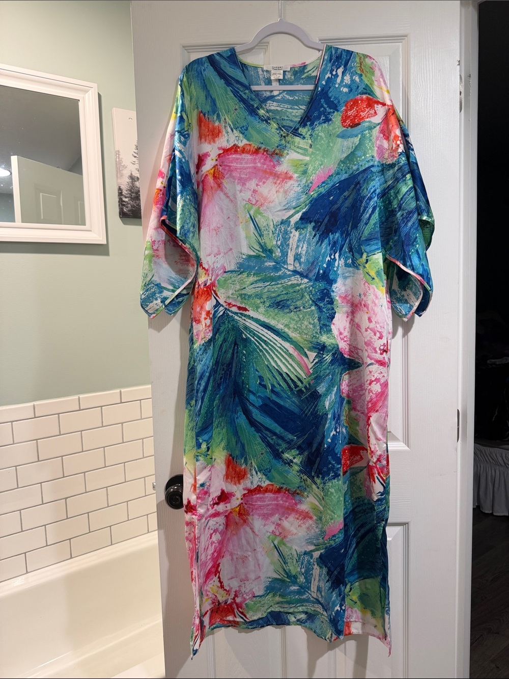Natori Multicolor Tropical Print Caftan - Blue, Green, Pink, Red